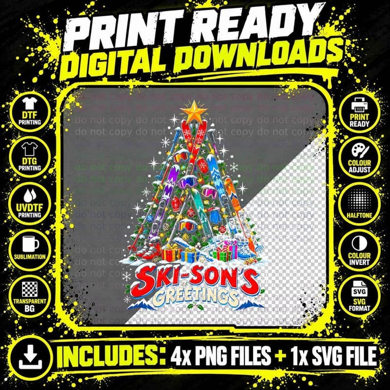 Skiing Christmas Tree Ski-Sons Greetings Skis Poles Png SVG Digital Bundle