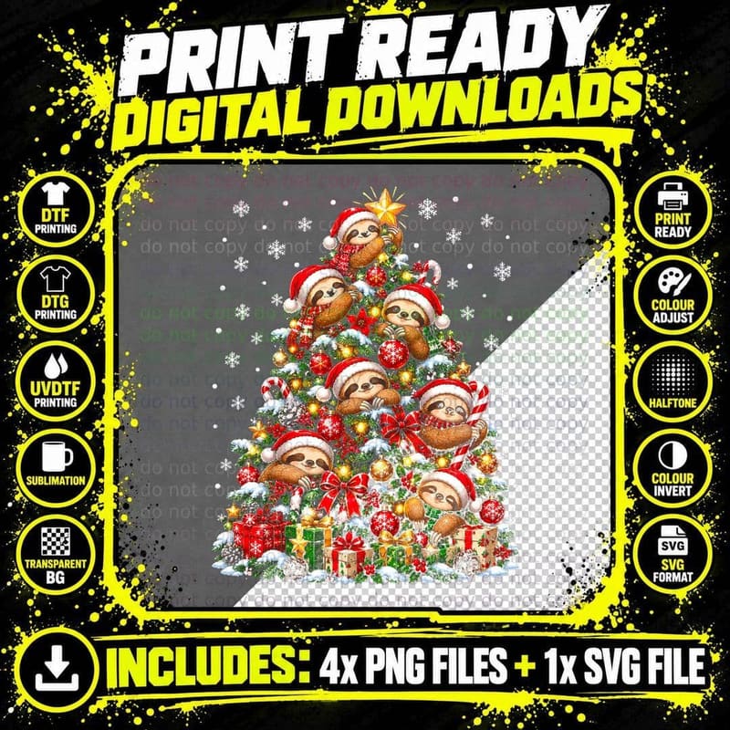 Sloth Christmas Sleepy Animal Cozy Winter Holiday Lights Png SVG Digital Bundle