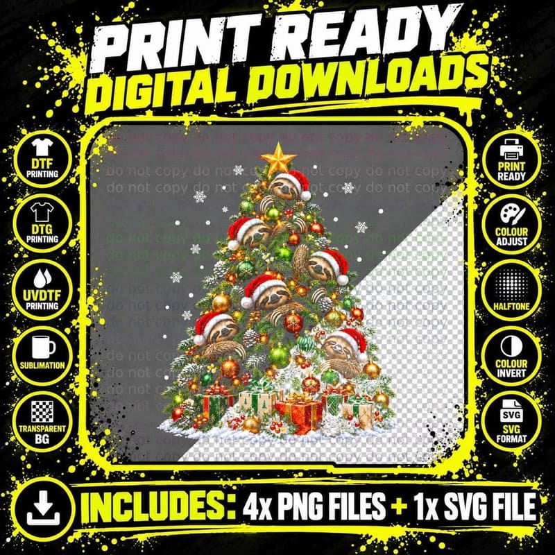 Sloth Christmas Tree Nature Lover Funny Animal Holiday Png SVG Digital Bundle