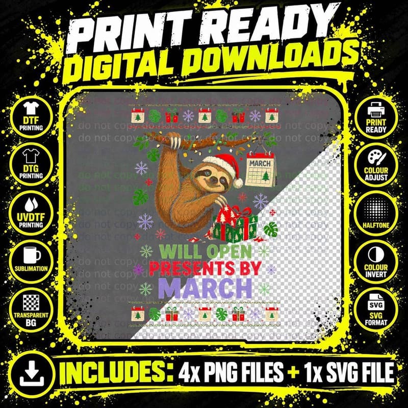 Sloth Christmas Ugly Sweater Slow Present Opening March Png SVG Digital Bundle
