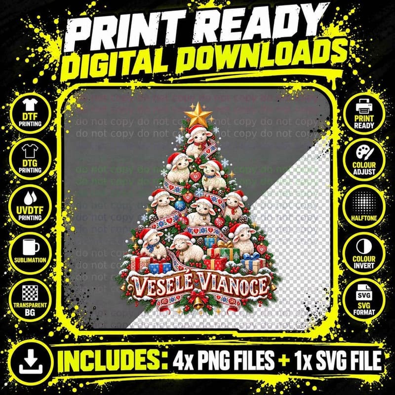 Slovak Sheep Christmas Tree Folk Vesele Vianoce Cute Png SVG Digital Bundle