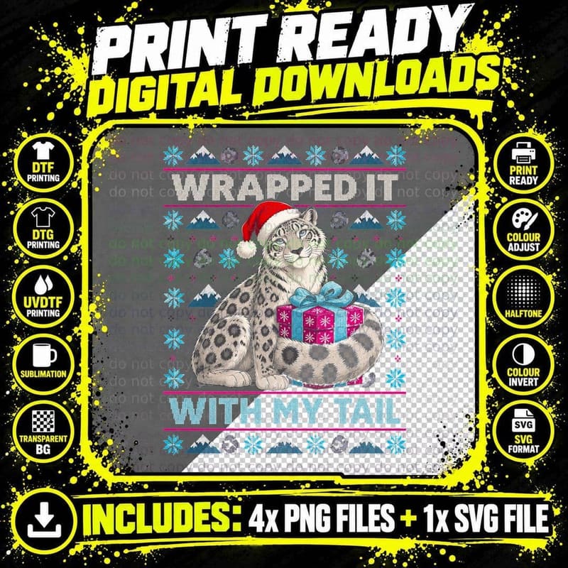 Snow Leopard Christmas Ugly Sweater Knitted Wildlife Png SVG Digital Bundle