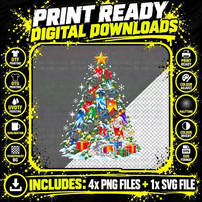 Snowboard Christmas Tree Snowboarder Boards Goggles Png SVG Digital Bundle