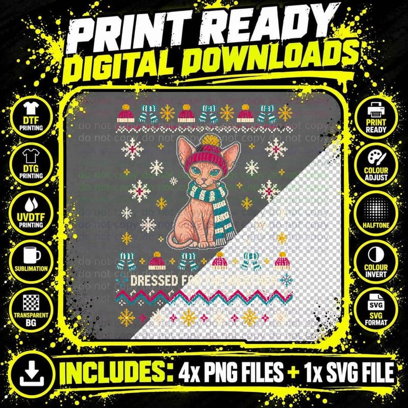 Sphynx Cat Dressed For The Weather Christmas Ugly Png SVG Digital Bundle