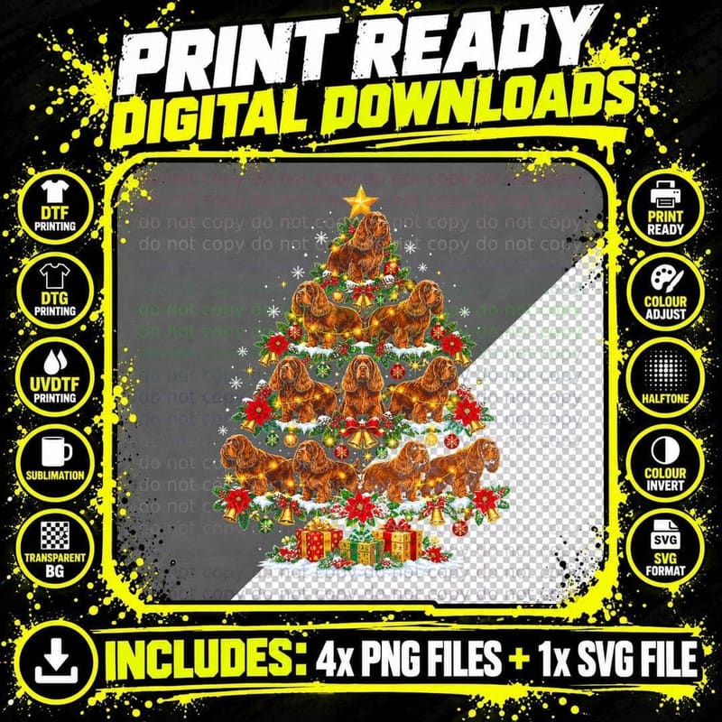 Sussex Spaniel Christmas Tree Poinsettia Golden Liver Png SVG Digital Bundle