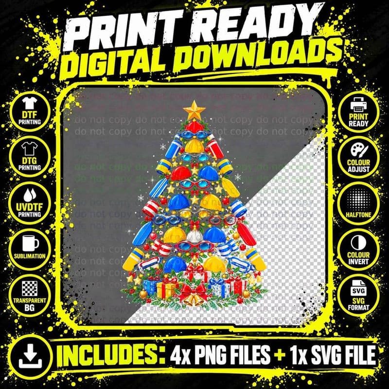 Swimming Christmas Tree Swim Caps Goggles Swimmer Funny Png SVG Digital Bundle