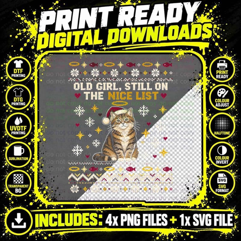 Tabby Cat Halo Christmas Ugly Sweater Old Girl Nice List Png SVG Digital Bundle