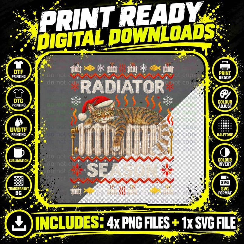 Tabby Cat on Radiator Christmas Ugly Sweater Radiator Png SVG Digital Bundle
