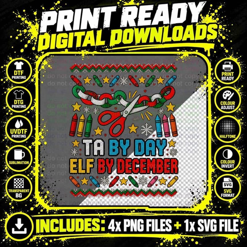 Teaching Assistant Elf Ugly Christmas Sweater Classroom Png SVG Digital Bundle