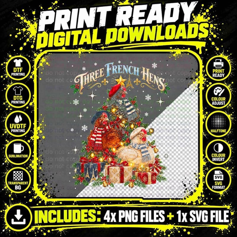 Three French Hens Christmas Watercolor French Chicken Png SVG Digital Bundle