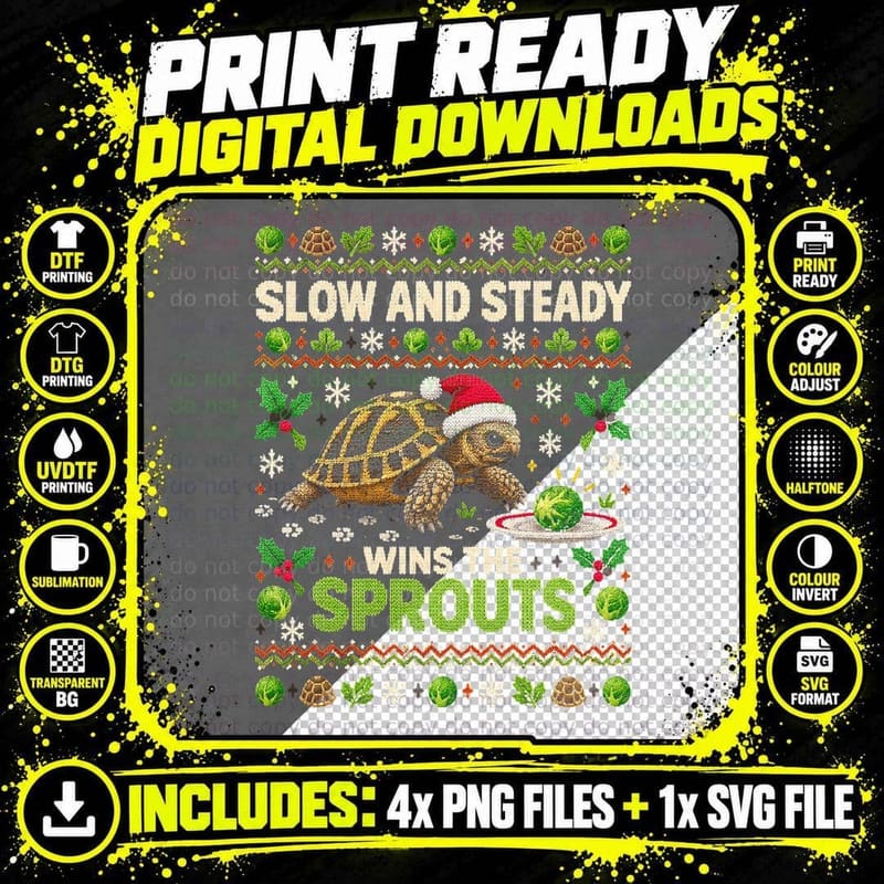 Tortoise Slow And Steady Wins The Sprouts Xmas Ugly Png SVG Digital Bundle