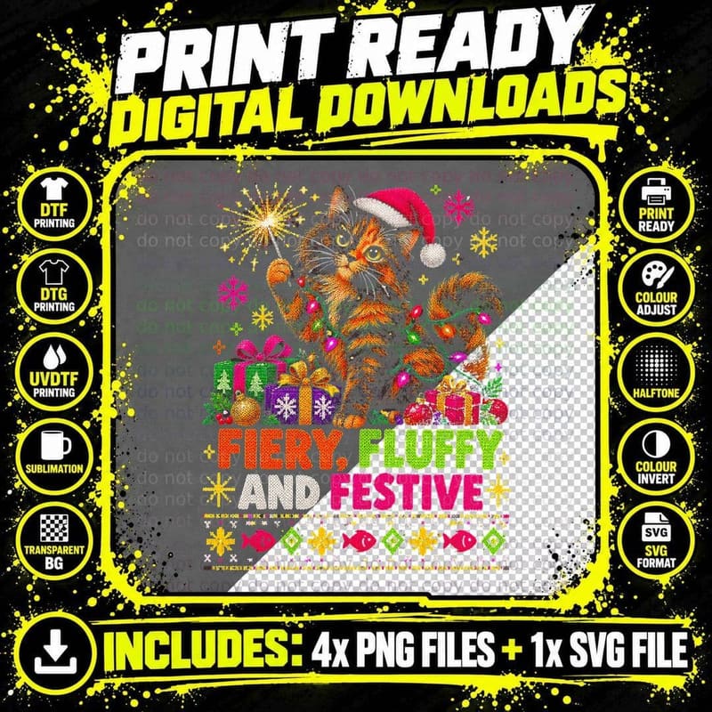 Tortoiseshell Cat Christmas Ugly Sweater Fiery Fluffy Png SVG Digital Bundle