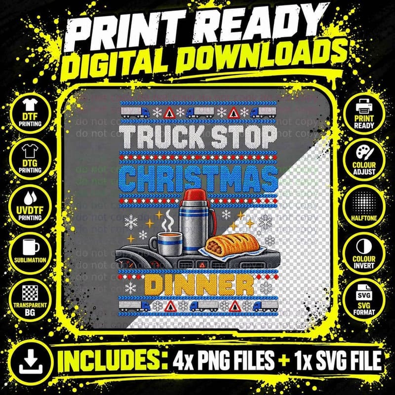 Truck Driver Christmas Ugly Sweater Truck Stop Dinner Png SVG Digital Bundle