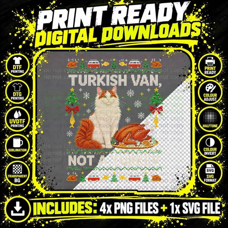 Turkish Van Cat Christmas Ugly Sweater Not a Turkey Png SVG Digital Bundle