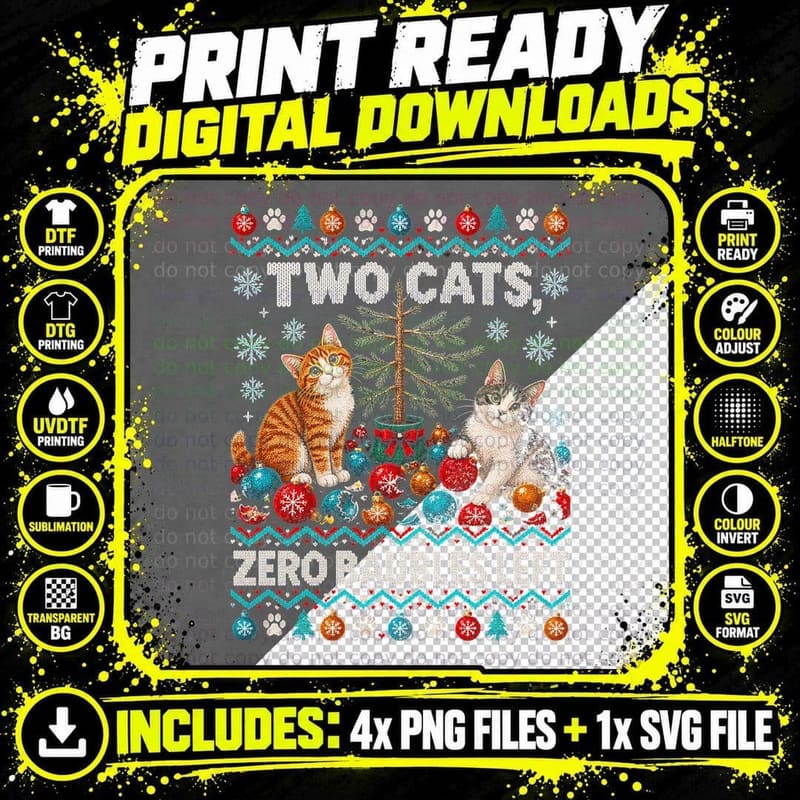 Two Cats Christmas Ugly Sweater Zero Baubles Left Funny Png SVG Digital Bundle