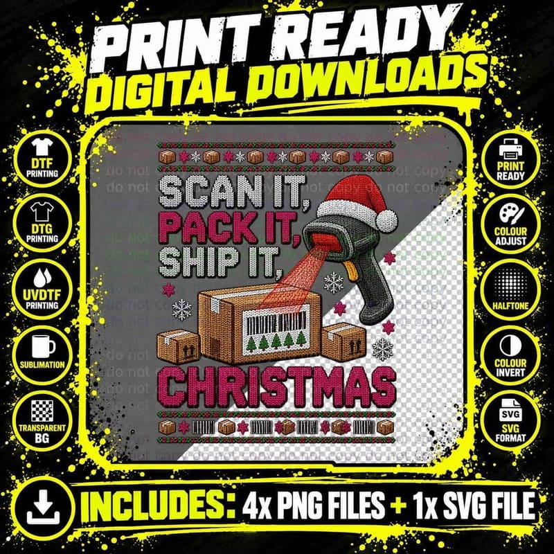 Warehouse Worker Christmas Ugly Sweater Barcode Scanner Png SVG Digital Bundle