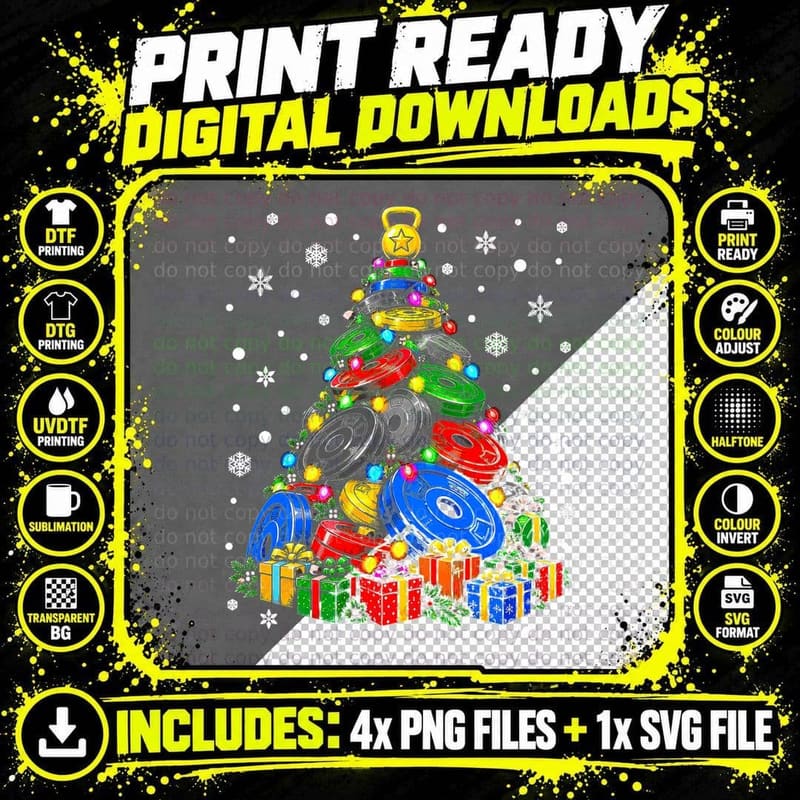 Weight Plate Christmas Tree Weightlifting Gym Kettlebell Png SVG Digital Bundle