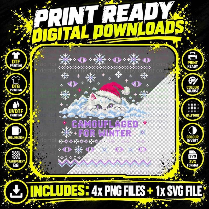 White Fluffy Cat Camouflaged For Winter Christmas Ugly Png SVG Digital Bundle