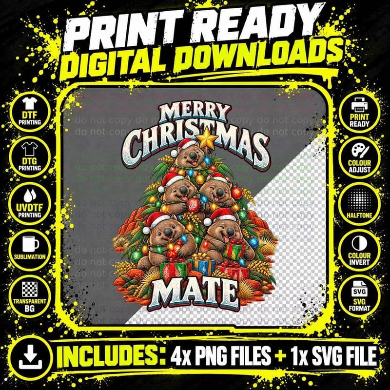 Wombat Christmas Tree Merry Christmas Mate Cute Aussie Png SVG Digital Bundle