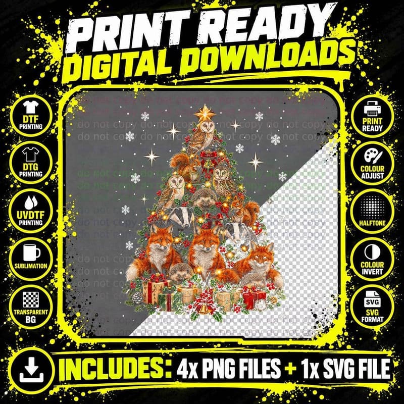 Woodland Animals Christmas Fox Badger Hedgehog Owl Png SVG Digital Bundle