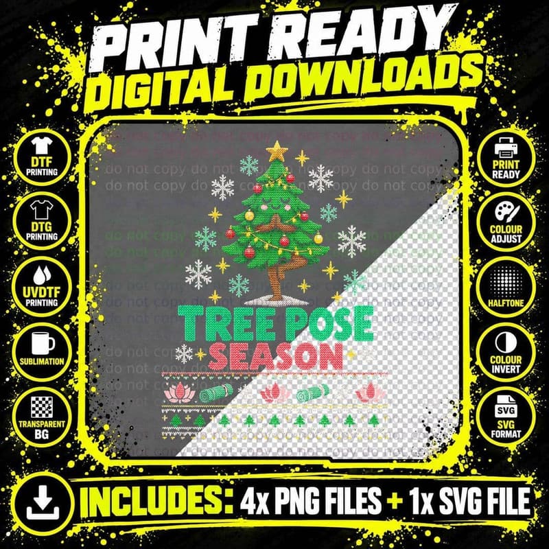 Yoga Christmas Ugly Sweater Tree Pose Season Lotus Funny Png SVG Digital Bundle