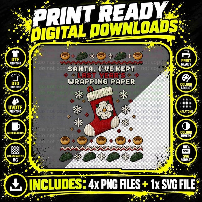 Yorkshire Christmas Stocking Ugly Sweater Pixel Funny Png SVG Digital Bundle
