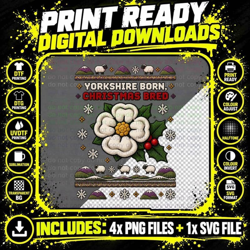Yorkshire Rose Holly Ugly Sweater Pixel British Png SVG Digital Bundle