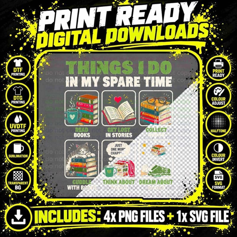 Book Lover Bookworm Funny Spare Time Reading Stories Png SVG Digital Bundle