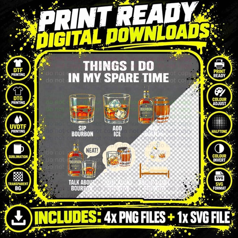Bourbon Whiskey Lover Funny Spare Time Vintage Bar Png SVG Digital Bundle