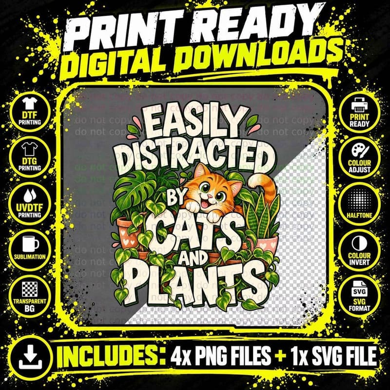 Cats and Plants Funny Plant Mom Cat Lady Botanical Png SVG Digital Bundle