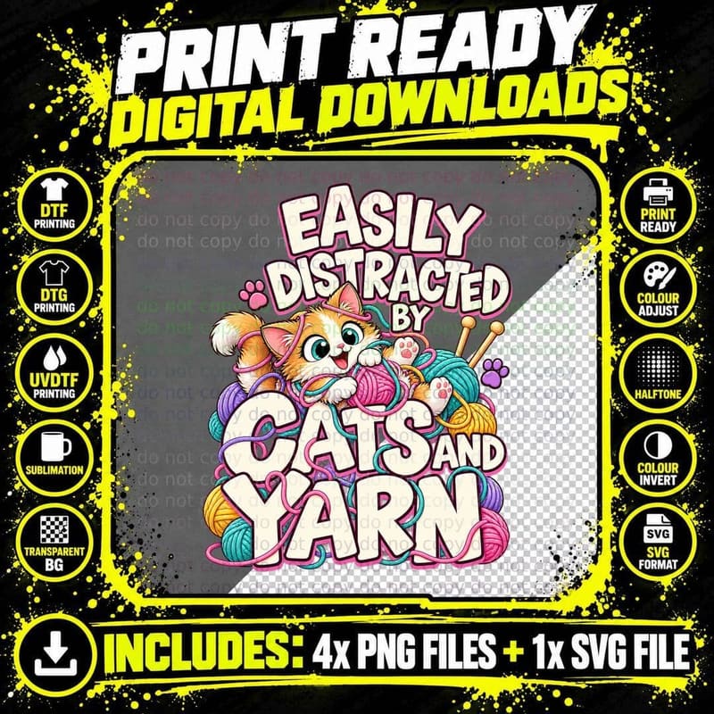 Cats and Yarn Funny Knitting Cat Mom Crochet Craft Png SVG Digital Bundle