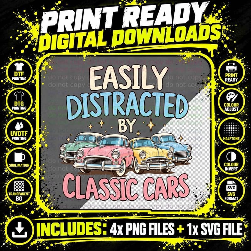 Classic Cars Retro Cartoon Vintage Car Collector Pastel Png SVG Digital Bundle