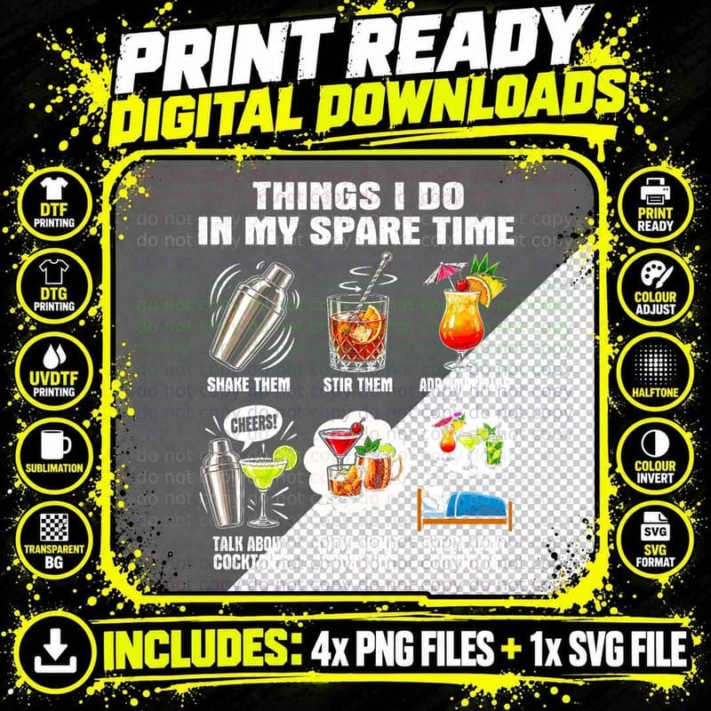 Cocktail Lover Funny Spare Time Retro Mixology Bartender Png SVG Digital Bundle