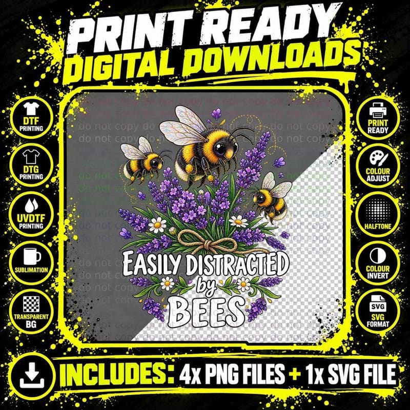 Cute Funny Bumblebee Lover Gift Lavender Floral Png SVG Digital Bundle