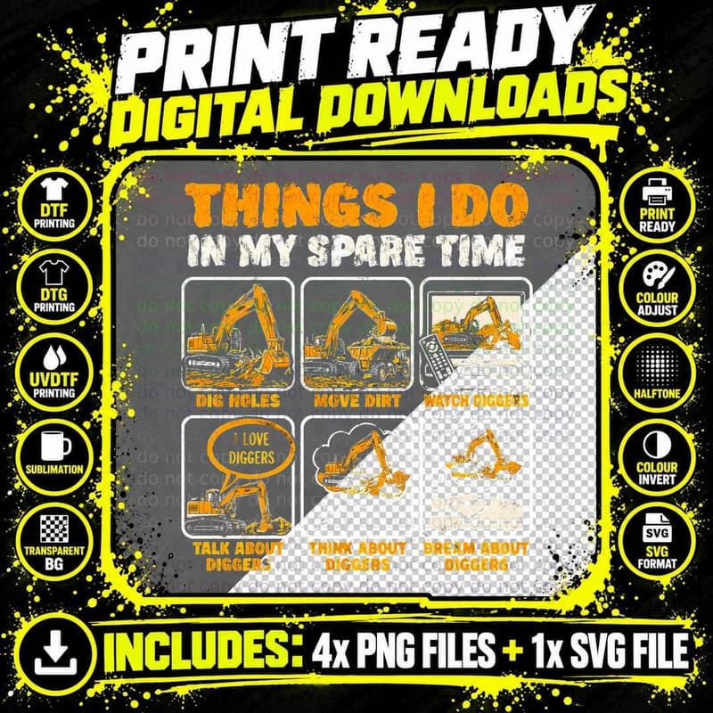 Digger Lover Funny Spare Time Construction Excavator Png SVG Digital Bundle