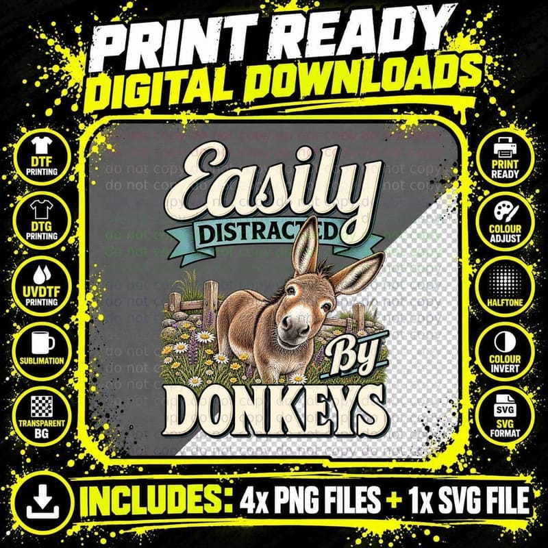 Donkey Lover Retro Farmhouse Tee Long Ears Meadow Animal Png SVG Digital Bundle