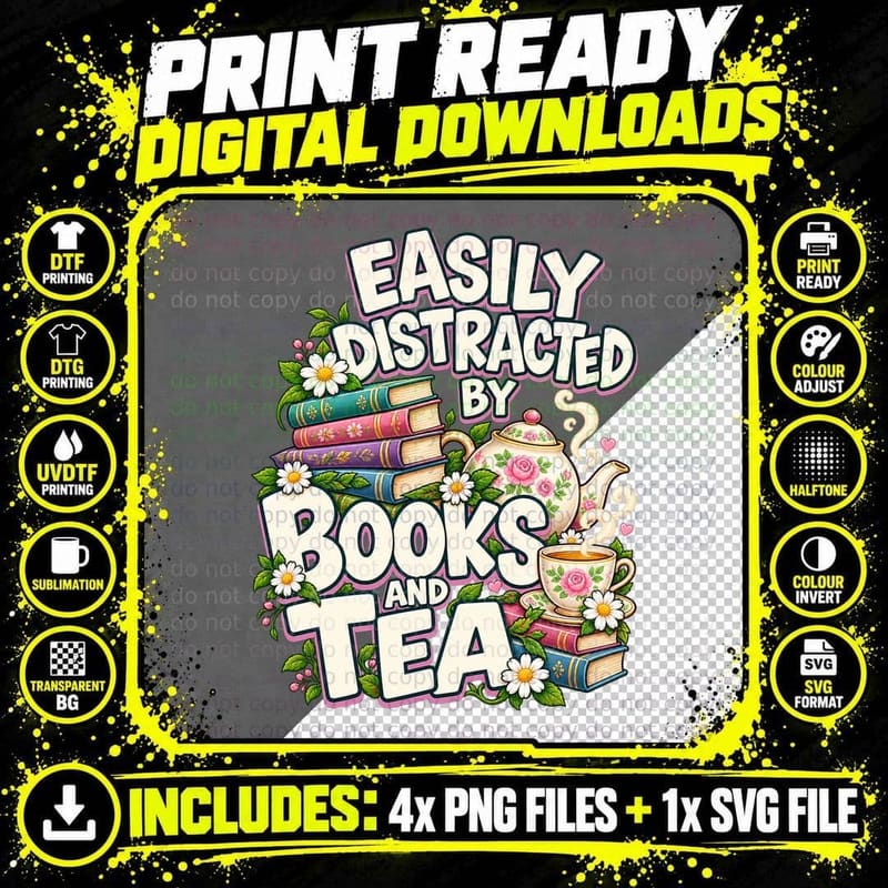 Easily Distracted By Books And Tea Cottagecore Bookworm Png SVG Digital Bundle