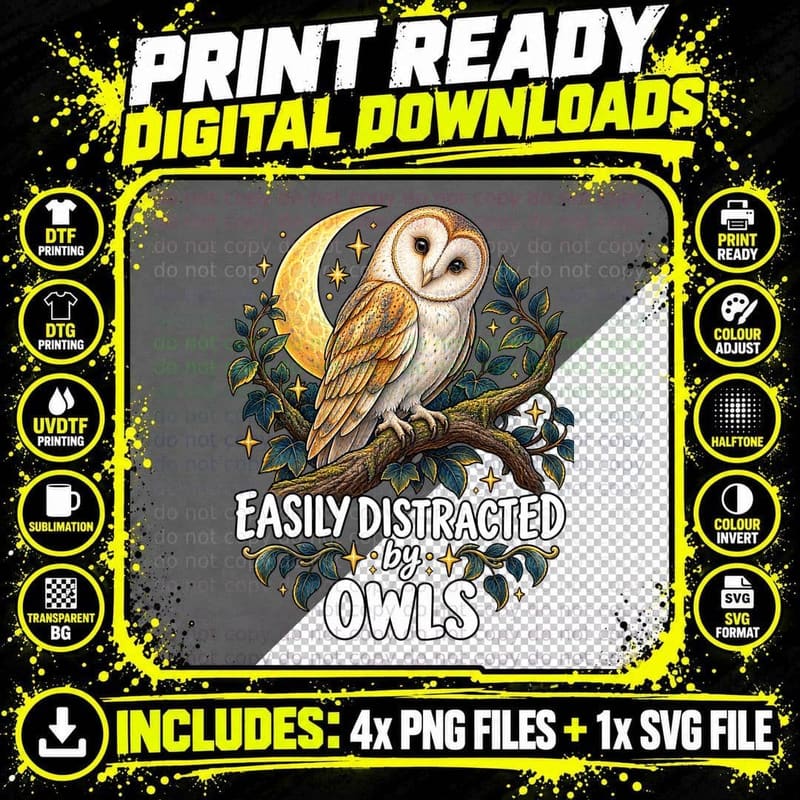 Easily Distracted By Owls Funny Barn Owl Lover Gift Png SVG Digital Bundle