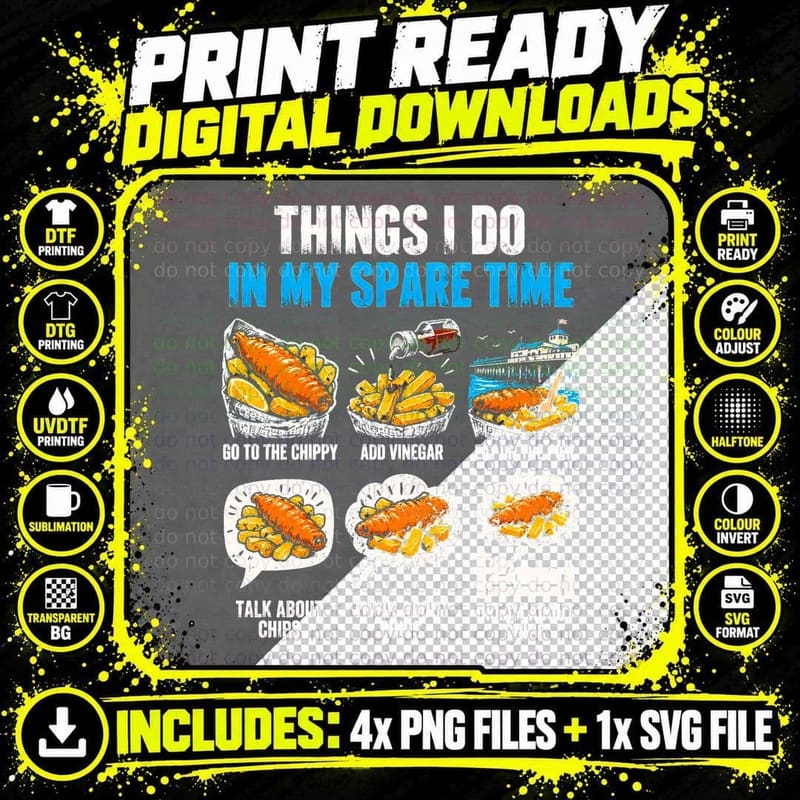 Fish And Chips British Foodie Humor Retro Food Pun UK Png SVG Digital Bundle