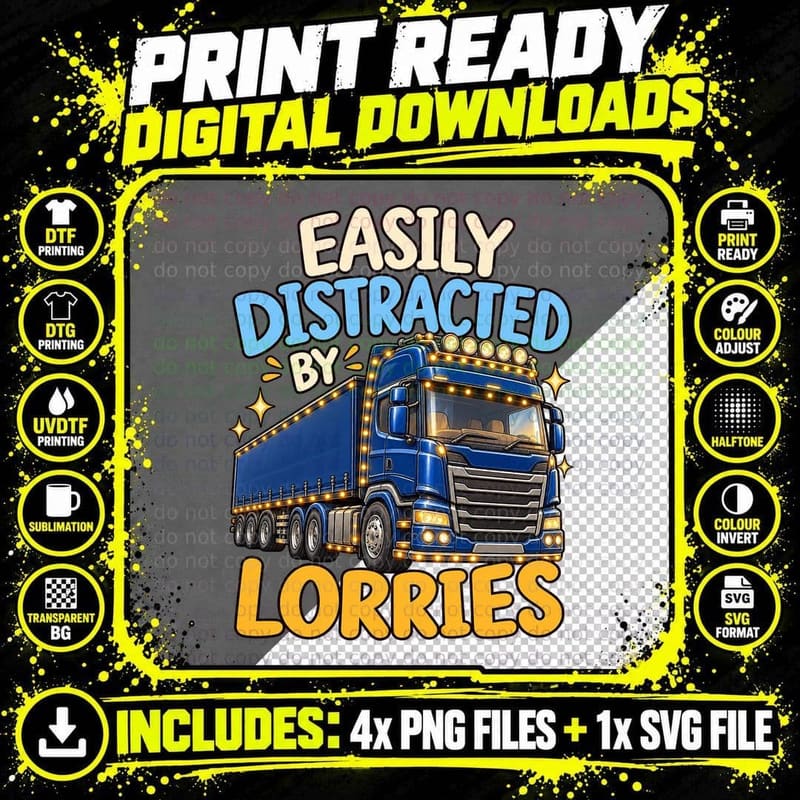 Lorries Retro Cartoon Blue Truck HGV Driver Fairy Lights Png SVG Digital Bundle