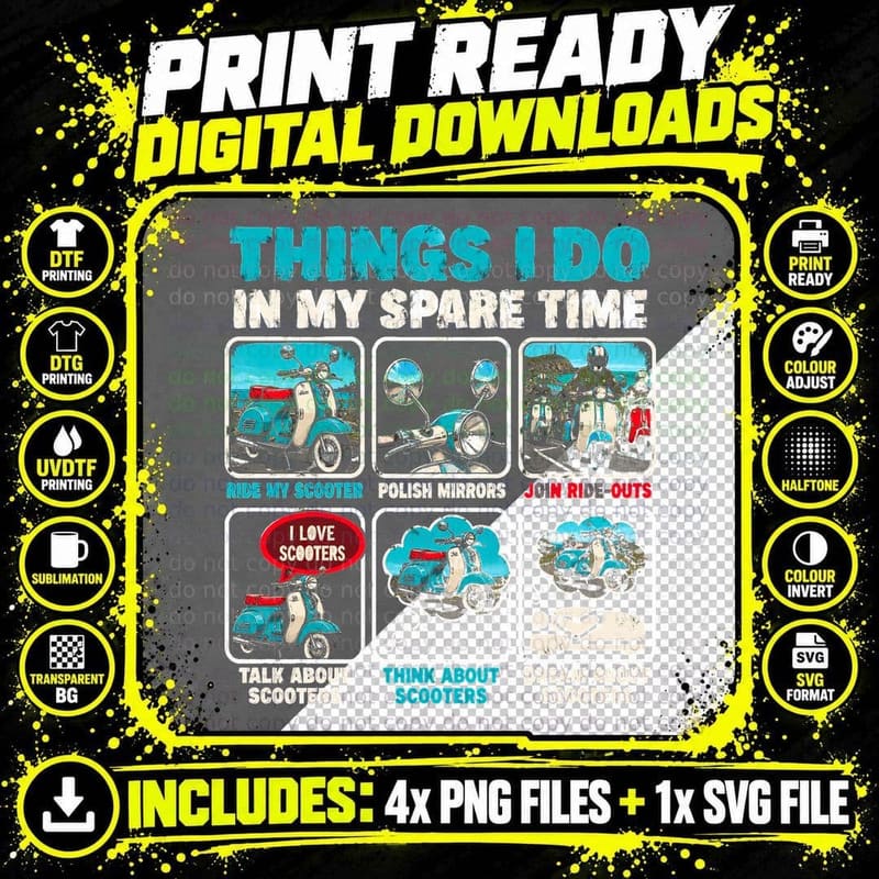 Mod Scooter Rider Funny Spare Time Vintage Retro Scooter Png SVG Digital Bundle
