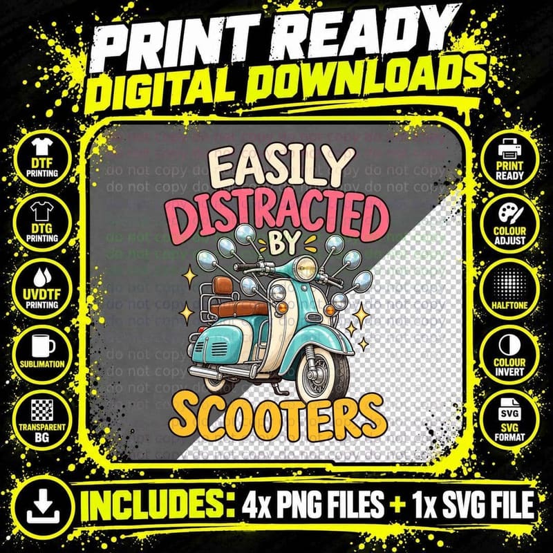 Scooters Retro Cartoon Vintage Mod Scooter Mirror Png SVG Digital Bundle