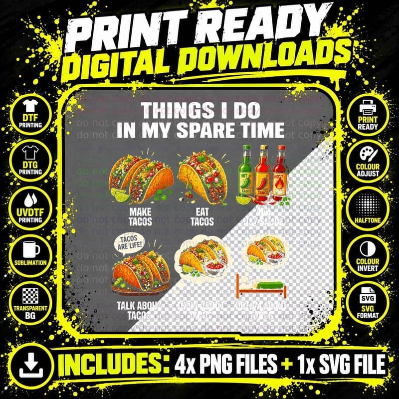 Taco Lover Funny Spare Time Retro Mexican Hot Sauce Png SVG Digital Bundle