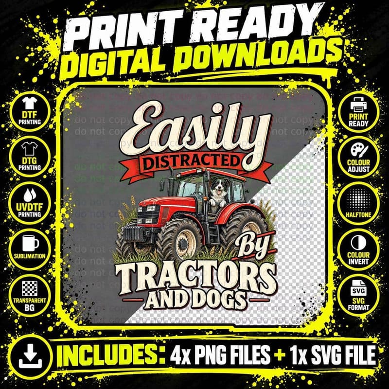 Tractor Dog Retro Farmhouse Tee Border Collie Farm Png SVG Digital Bundle