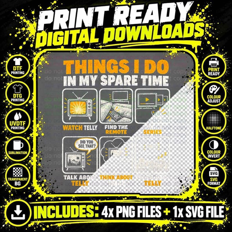 Watching Telly Funny Spare Time TV Lover Binge Series Png SVG Digital Bundle