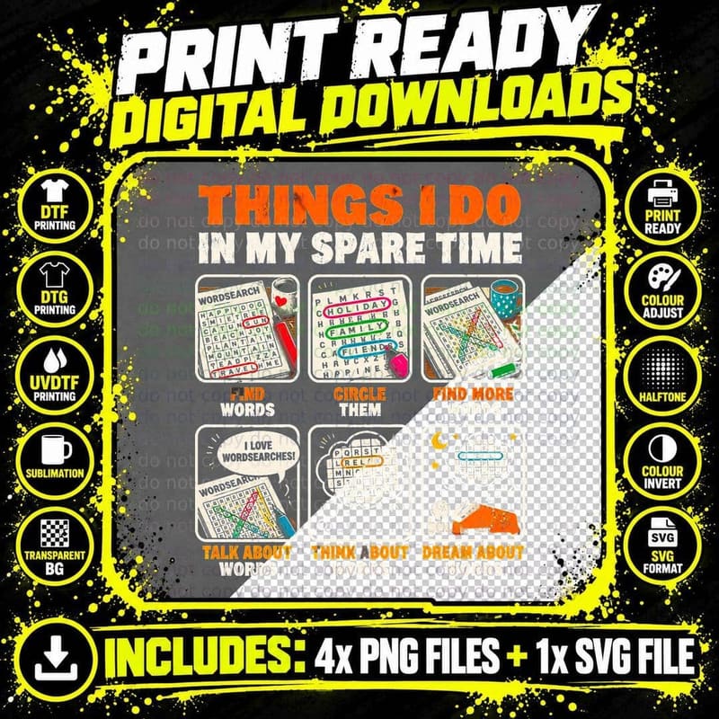 Wordsearch Puzzle Lover Funny Spare Time Retro Word Game Png SVG Digital Bundle