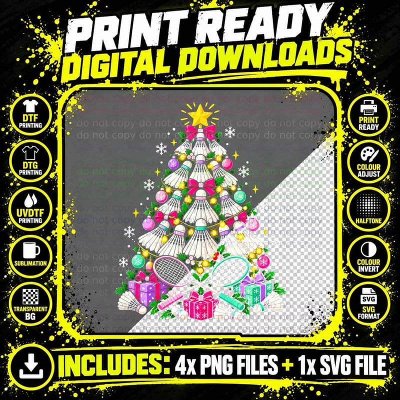 Badminton Christmas Tree Shuttlecock Racket Xmas Sports Png SVG Digital Bundle