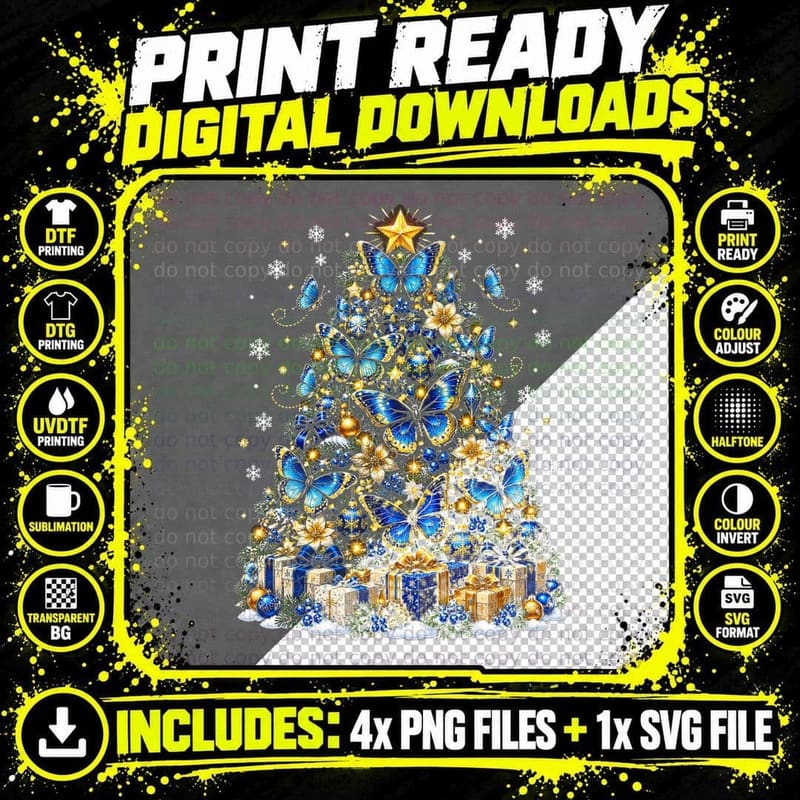 Blue Butterfly Christmas Tree Sapphire Gold Xmas Png SVG Digital Bundle