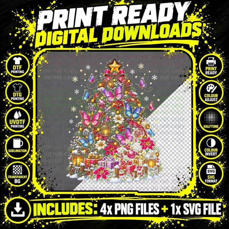 Butterfly Christmas Tree Pink Butterflies Xmas Butterfly Png SVG Digital Bundle