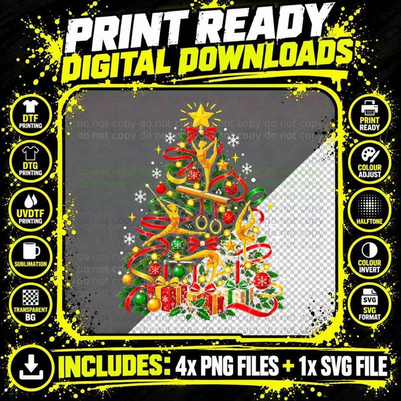 Gymnastics Christmas Tree Gymnast Ribbon Rings Xmas Gift Png SVG Digital Bundle